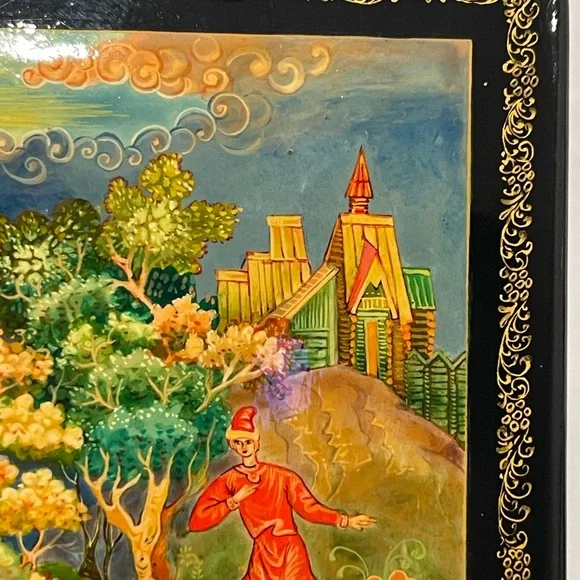 Vintage Artist Signed Russian Hand Painted Lacquerware Wood Box GOLDILOCK & BOY